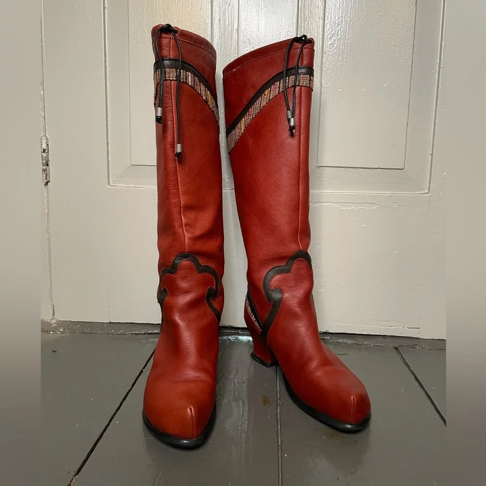 John Fluevog Red Heeled Boots with Striped Detail - Picture 3 of 5
